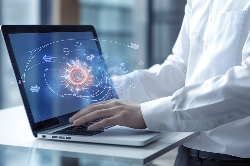 商务人士手拿笔记本电脑操作虚拟展示,高清,摄影图,摄影图片,图片大全,摄影图免费下载